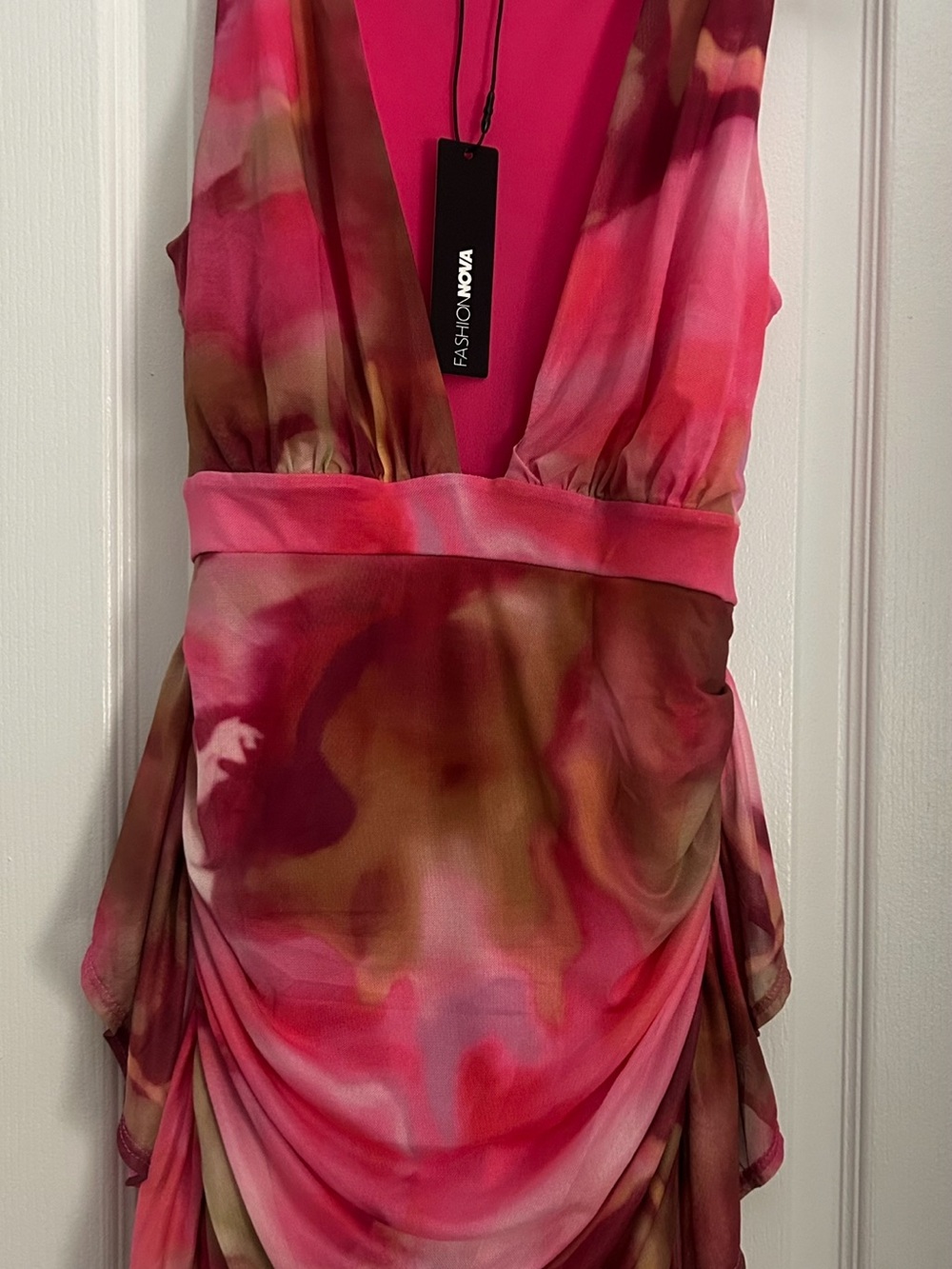 Fashion Nova Pink Multi-Color Draped V-Neck Tunic Top
